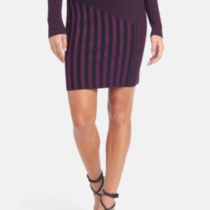 Bebe Women's Mixed Stripe Sweater Skirt, Size Large in Plum Viscose/Nylon