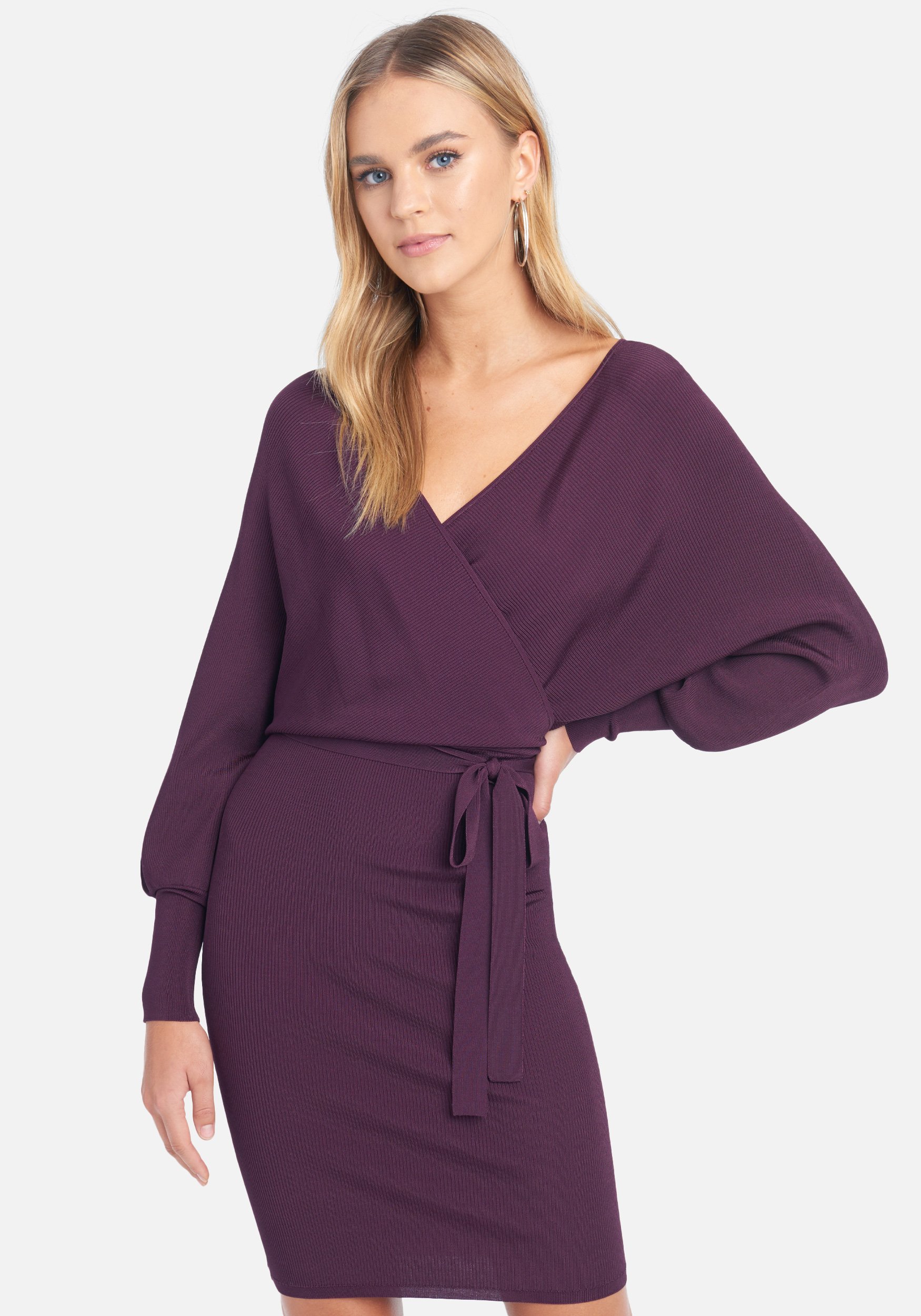 Bebe Women's Surplice Wrap Sweater Dress, Size Large in Plum Viscose/Nylon