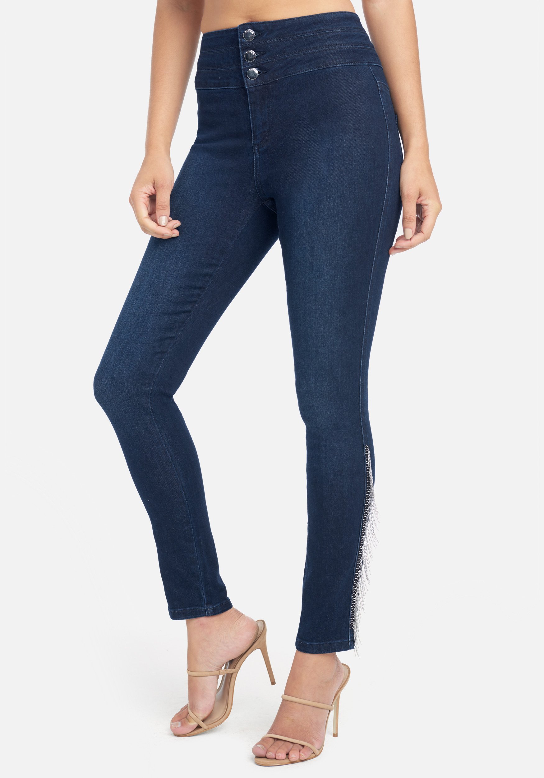 Bebe Women's Rhinestone Fringe Skinny Jeans, Size 29 in Dark Indigo Wash Cotton/Spandex