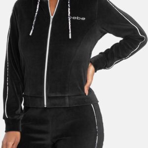 Women's Bebe Logo Velour Zip Up Jacket, Size XL in Black Cotton
