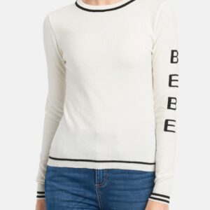 Women's Bebe Logo Sleeve Knit Top, Size Medium in Ivory Nylon