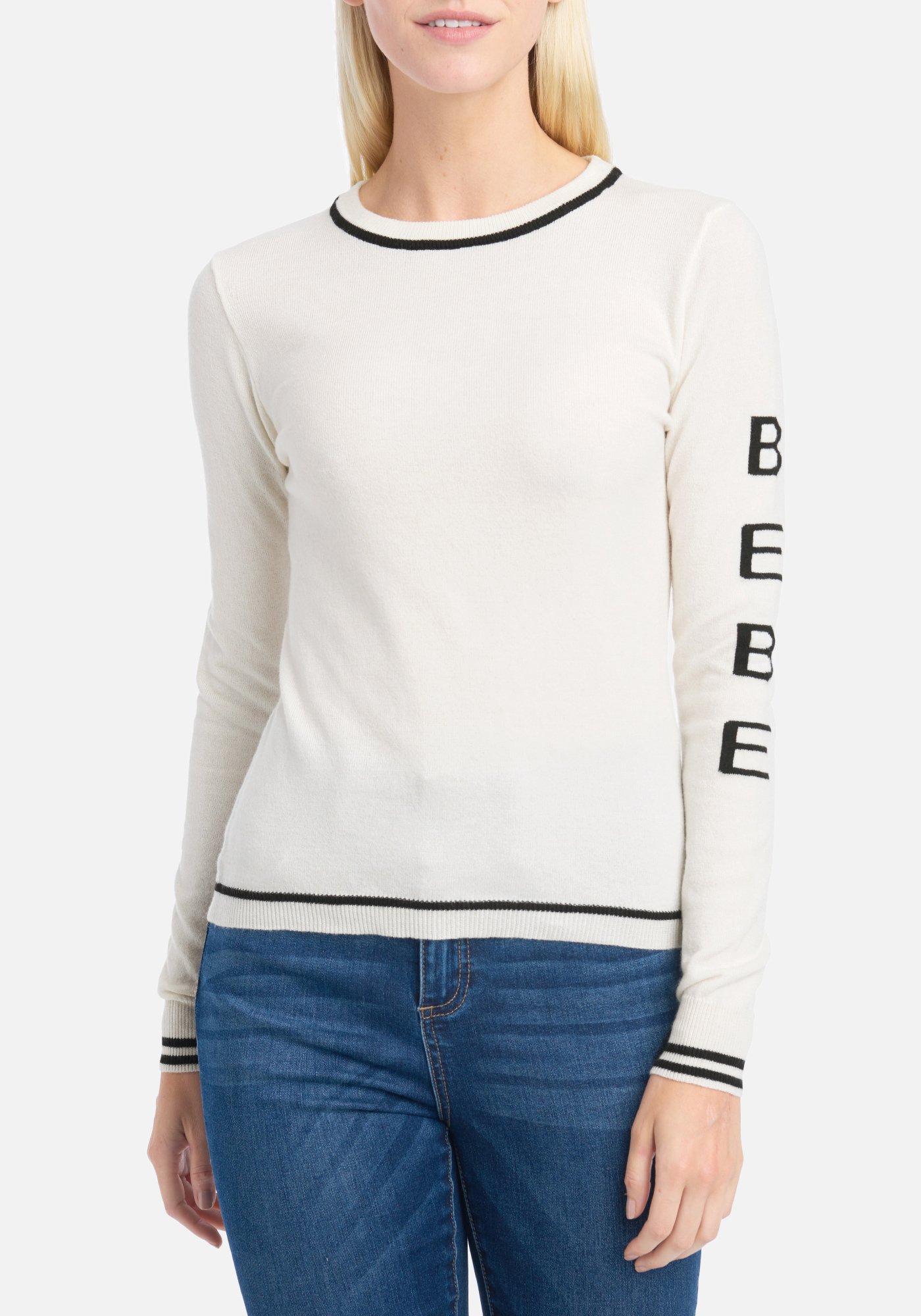 Women's Bebe Logo Sleeve Knit Top, Size Large in Ivory Nylon