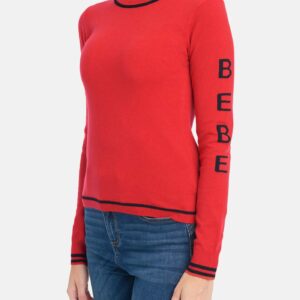 Women's Bebe Logo Sleeve Knit Top, Size Medium in True Red Nylon