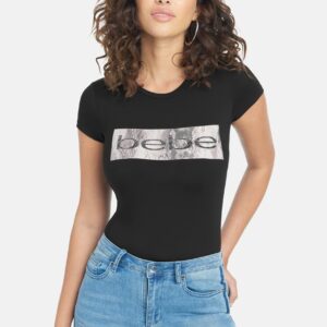 Women's Bebe Logo Snake Detail Tee Shirt, Size XS in Black Metal/Spandex