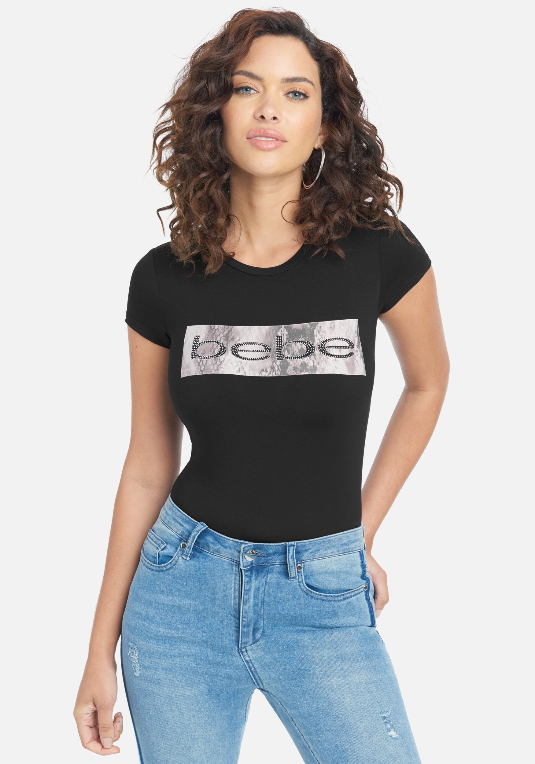 Women's Bebe Logo Snake Detail Tee Shirt, Size Large in Black Metal/Spandex