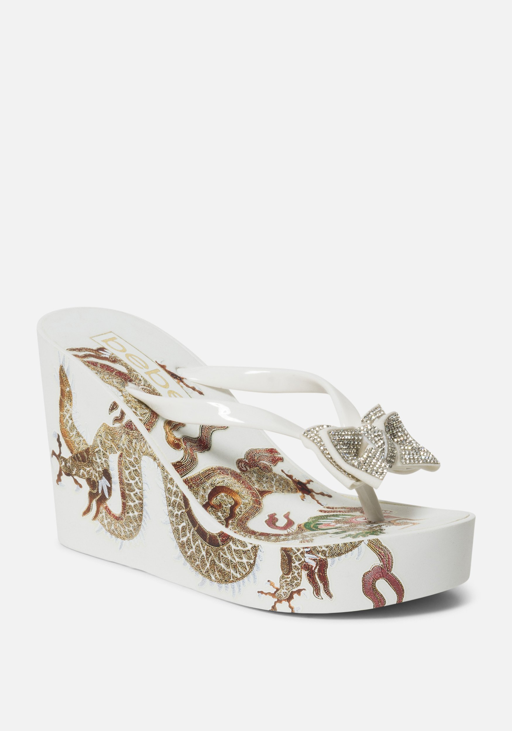 Bebe Women's Alaya Dragon Wedge Sandal, Size 6 in WHITE Synthetic
