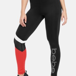 Women's Bebe Logo Color Blocked Legging, Size Medium in Black/Lychee Red Spandex/Nylon