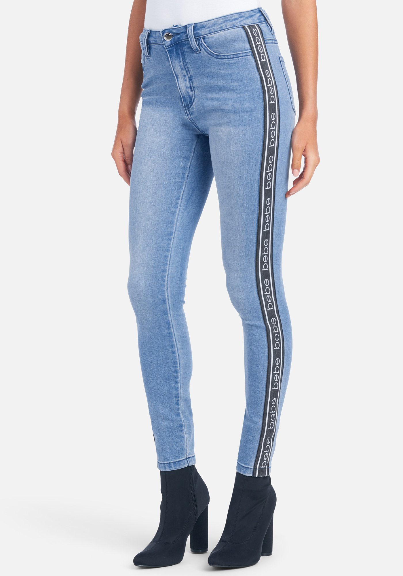 Women's Bebe Logo Side Taping Jeans, Size 31 in Medium Wash Cotton/Spandex