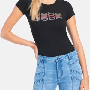 Women's Bebe Rhinestone Glitter Tee Shirt, Size Medium in Black Spandex