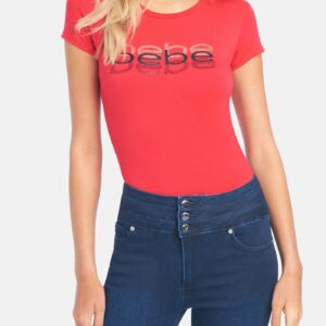 Women's Bebe Rhinestone Glitter Tee Shirt, Size Small in Lychee Red Spandex