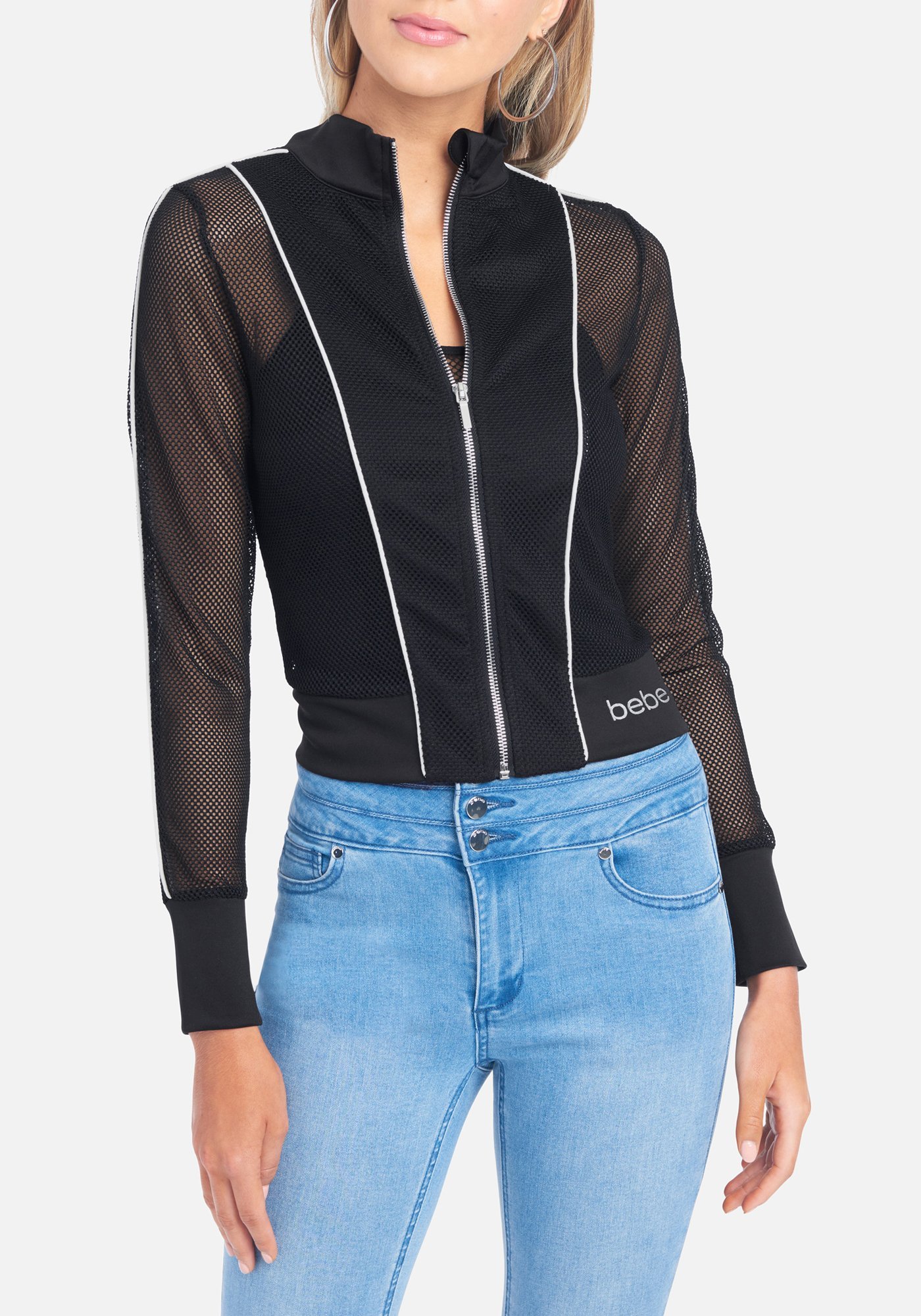 Women's Bebe logo mesh Jacket, Size XL in Black Polyester