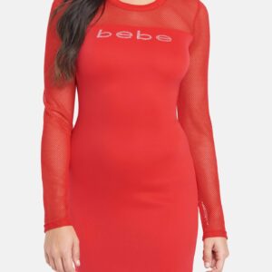 Women's Bebe Logo Mesh Dress, Size Small in Lychee Red Spandex/Nylon