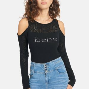 Women's Bebe Logo Cold Shoulder Top, Size Large in Black Viscose/Nylon