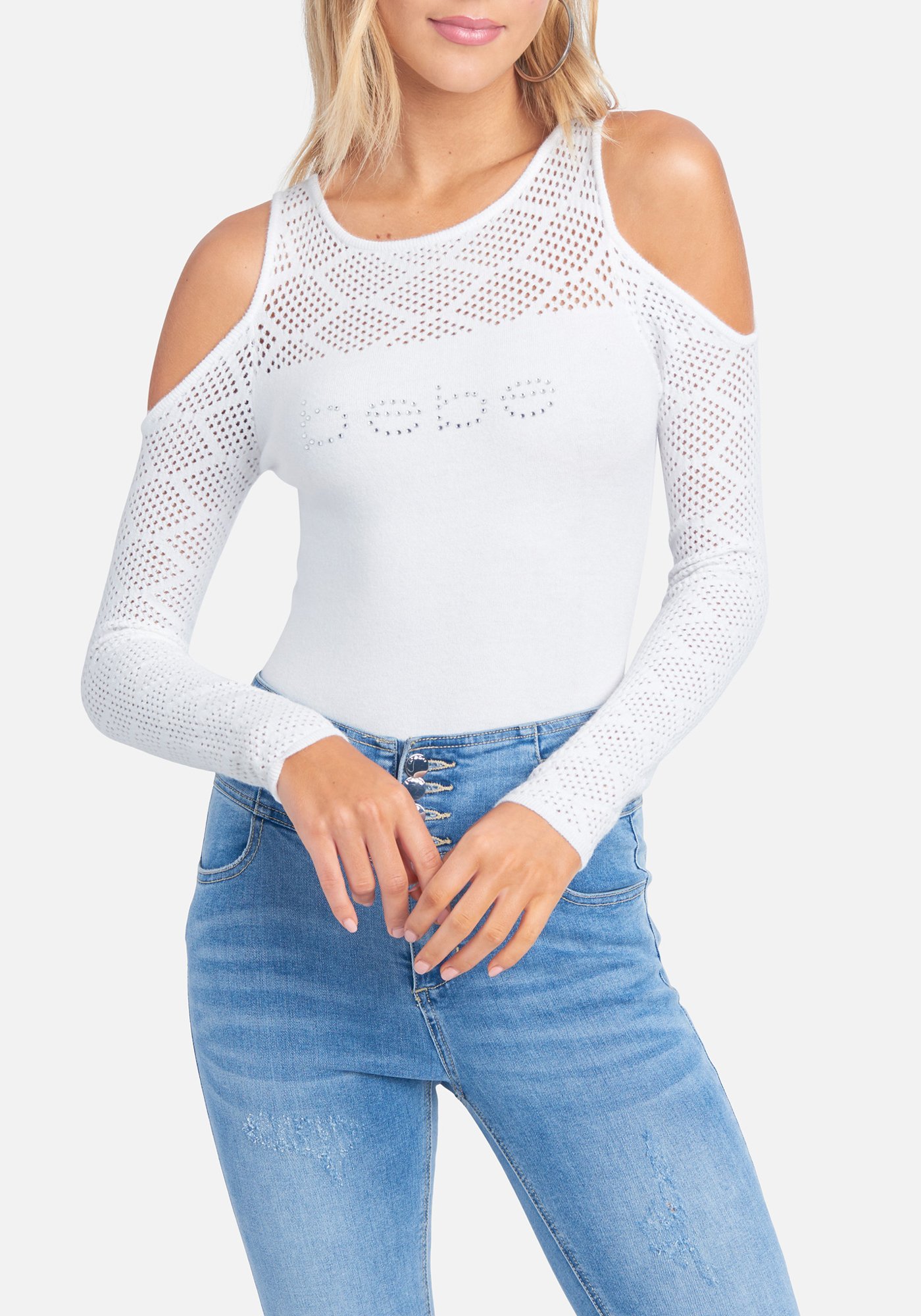 Women's Bebe Logo Cold Shoulder Top, Size Medium in Bright White Viscose/Nylon
