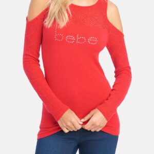 Women's Bebe Logo Cold Shoulder Top, Size Medium in Lychee Red Viscose/Nylon