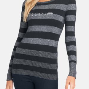 Women's Bebe Logo Striped Sweater, Size XL in Black/Metallic Silver Viscose/Nylon