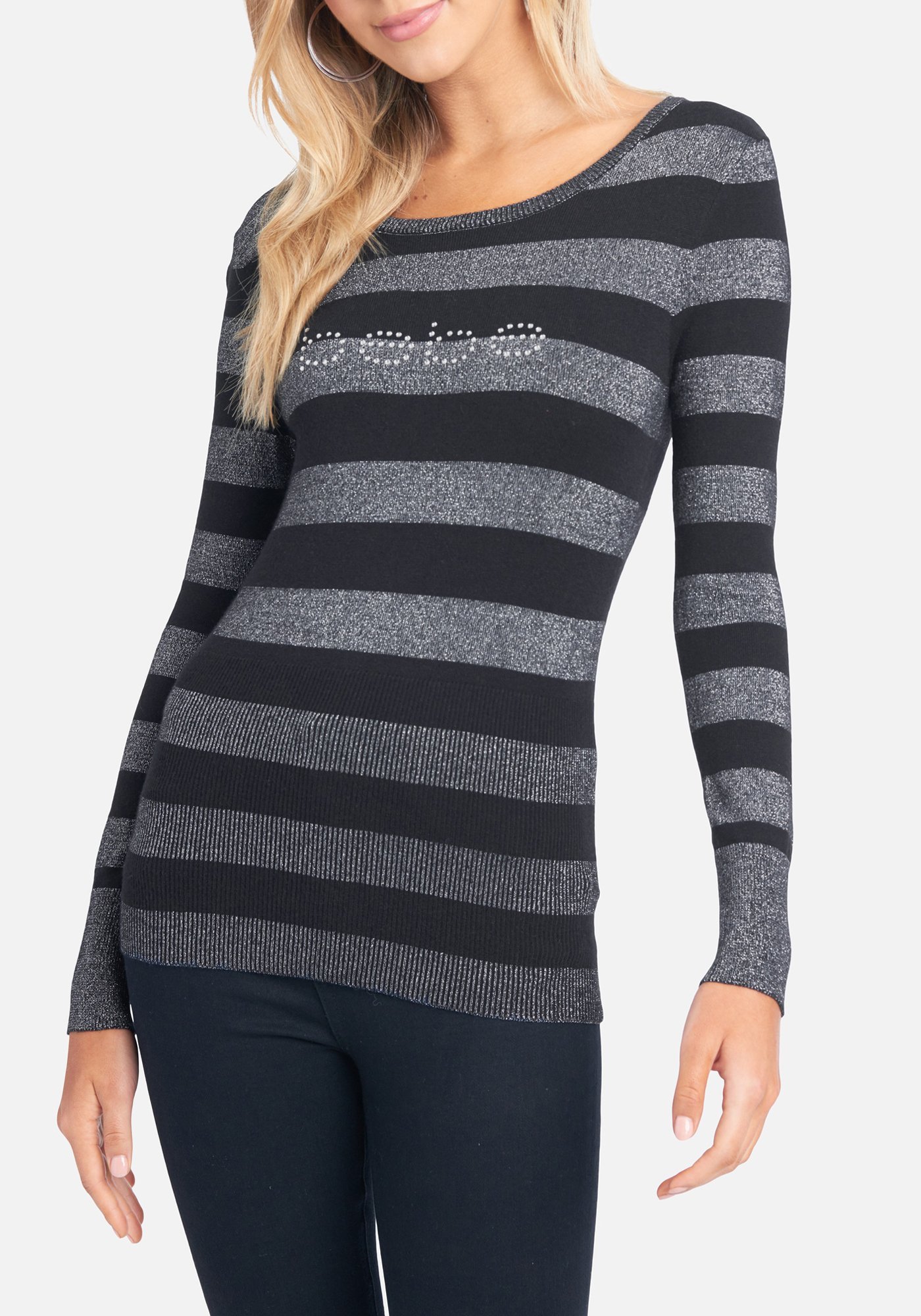 Women's Bebe Logo Striped Sweater, Size Medium in Black/Metallic Silver Viscose/Nylon