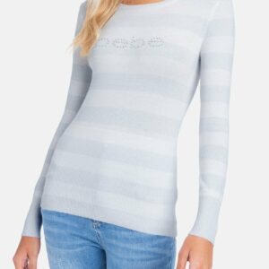 Women's Bebe Logo Striped Sweater, Size XXS in Bright White/Metallic Silver Viscose/Nylon