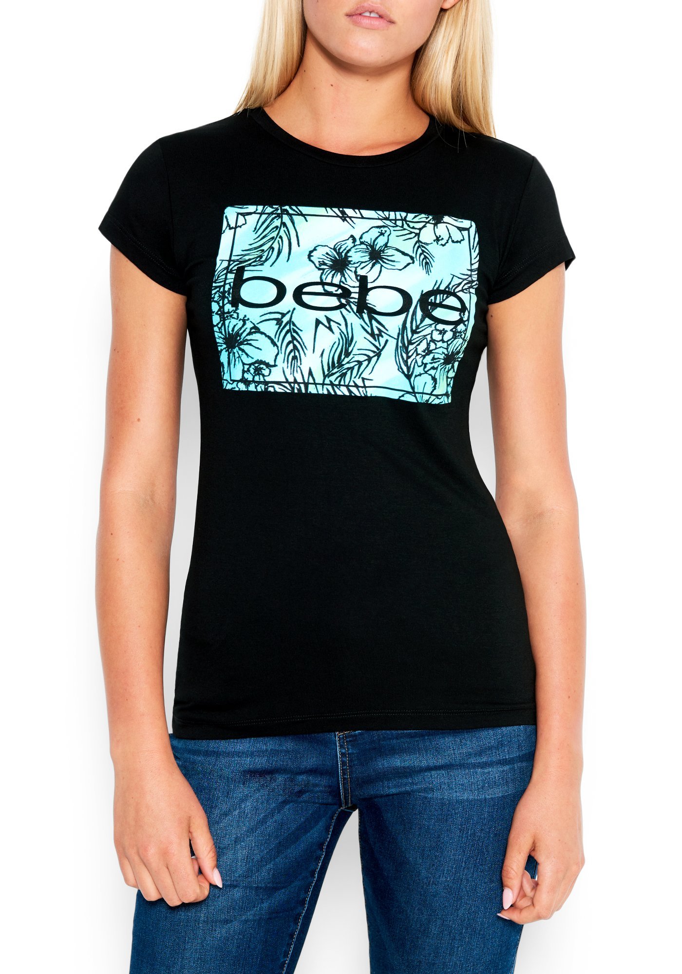 Women's Bebe Logo Tropical Print Tee Shirt, Size XL in BLACK Spandex