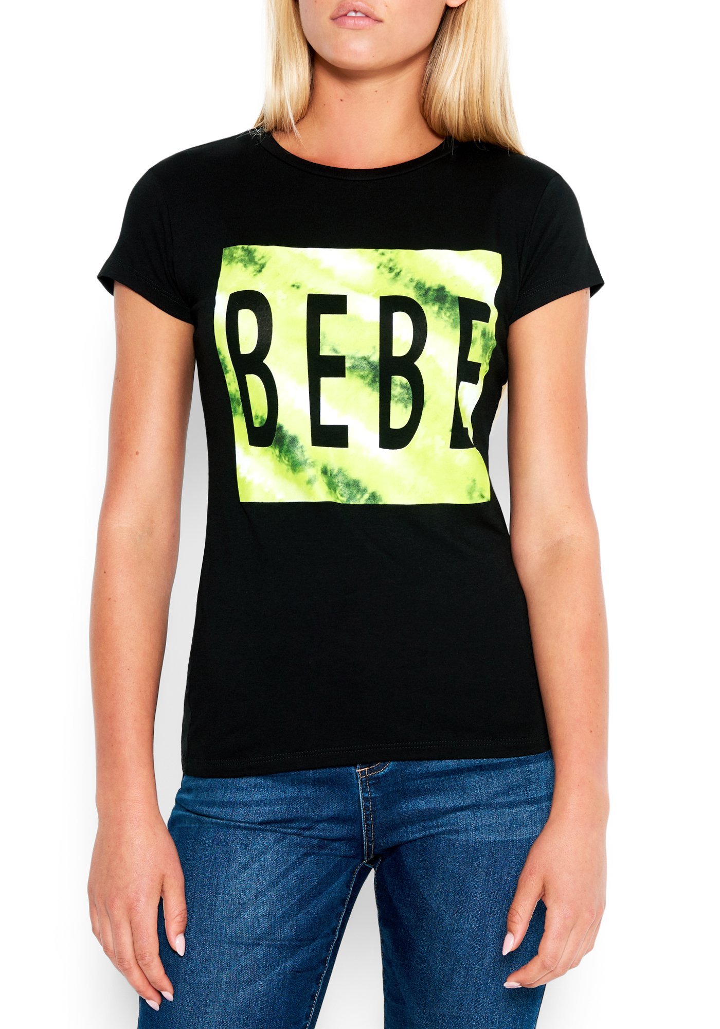 Women's Bebe Logo Tie Dye Tee Shirt, Size Medium in BLACK Spandex