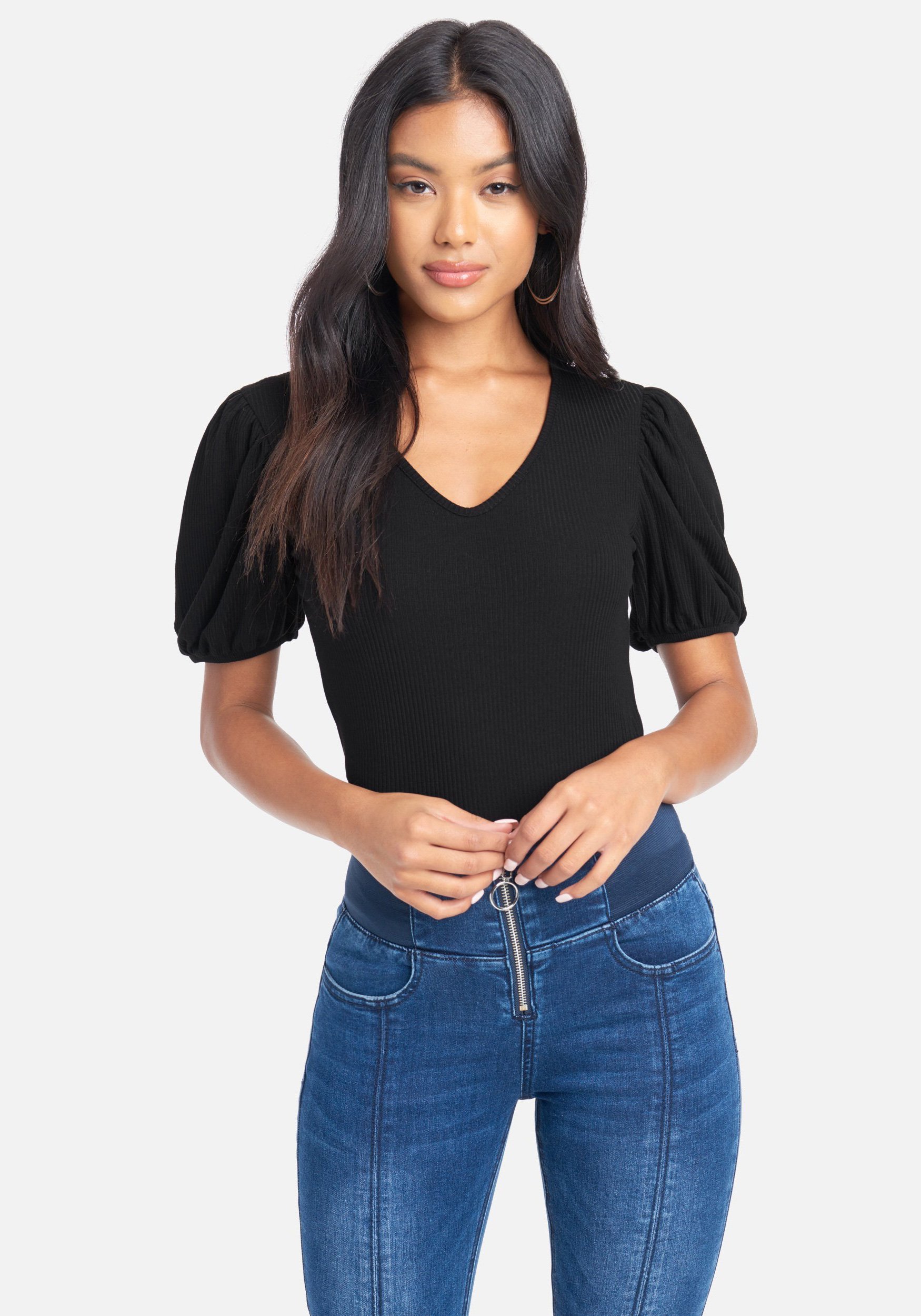Bebe Women's Puff Sleeve Rib Knit Top, Size XL in Black Spandex