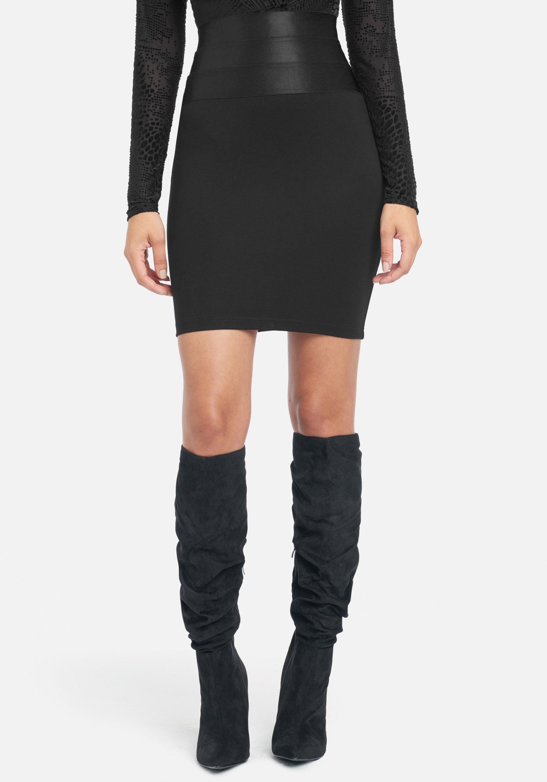 Bebe Women's Satin Elastic Waist Skirt, Size XL in Black Spandex/Nylon