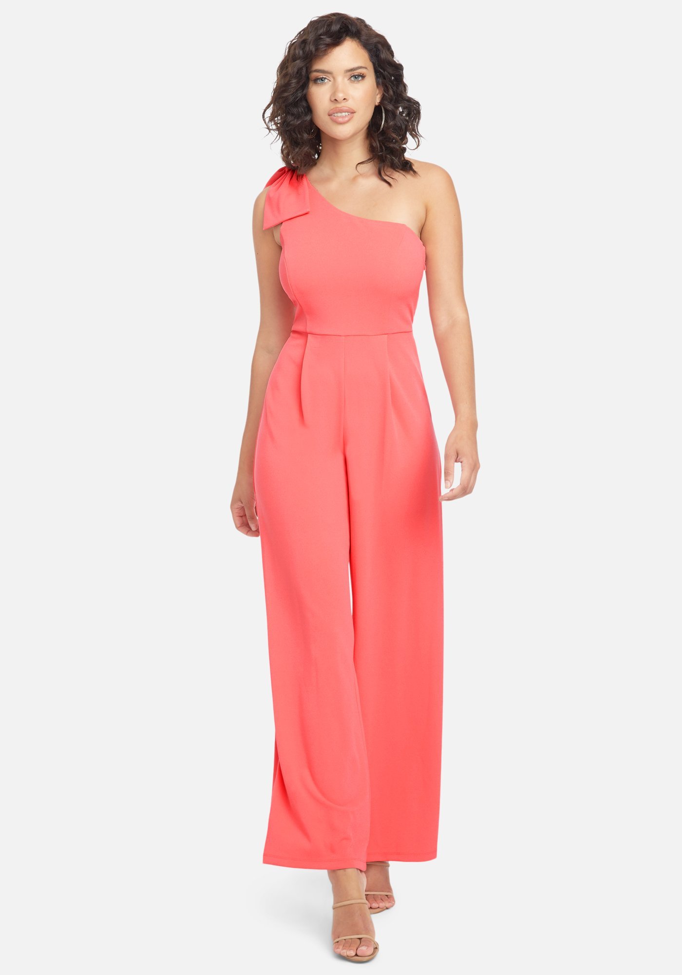 Bebe Women's One Shoulder Bow Jumpsuit, Size 8 in Coral Polyester/Spandex