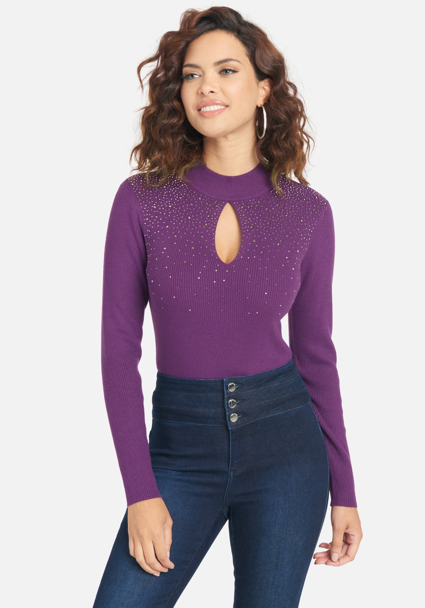 Bebe Women's Cut Out Rhinestone Sweater, Size Large in Imperial Purple Viscose/Nylon