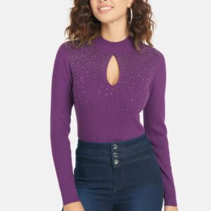Bebe Women's Cut Out Rhinestone Sweater, Size Medium in Imperial Purple Viscose/Nylon