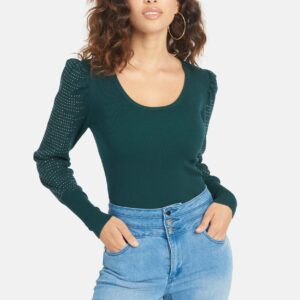 Bebe Women's Scoop Neck Stud Sweater Top, Size Small in Storm Green Viscose/Nylon