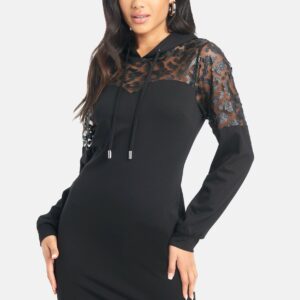 Bebe Women's Faux Leather Applique Hoodie Dress, Size Large in Black Spandex/Nylon
