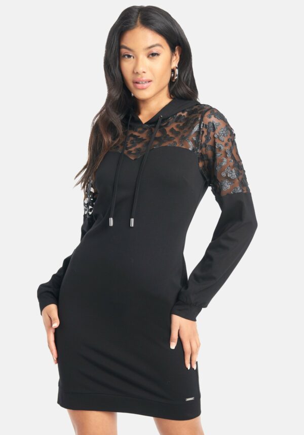 Bebe Women's Faux Leather Applique Hoodie Dress, Size Medium in Black Spandex/Nylon