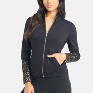 Women's Bebe Logo Metallic Foil Jacket, Size Medium in Black Spandex/Nylon