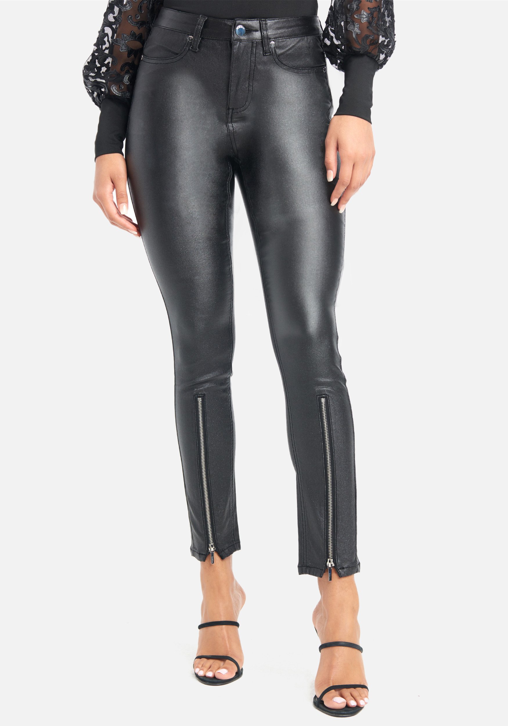 Bebe Women's Coated Glitter Skinny Jeans, Size 30 in Black Wash Spandex/Viscose