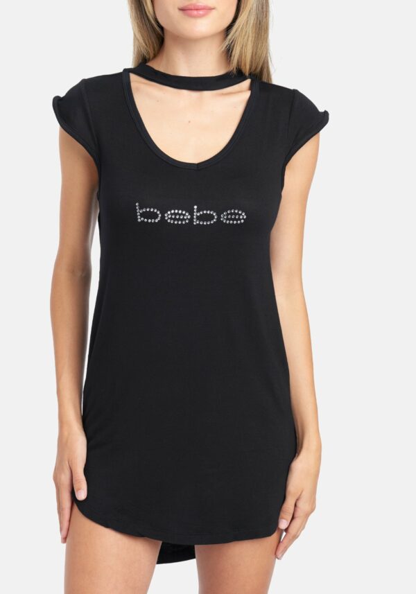 Women's Bebe Logo Sleeveless Dormshirt, Size Medium in Black Spandex