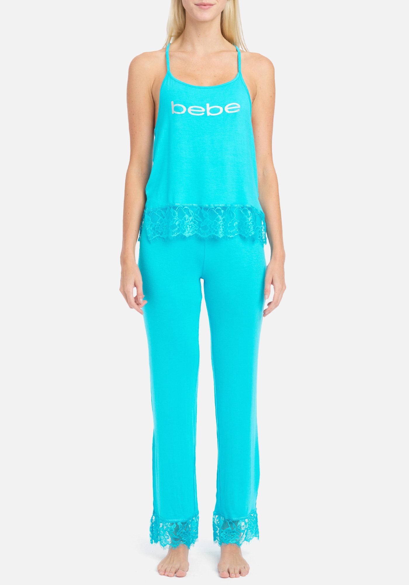 Women's Bebe Lace Detail Pant Set, Size Large in Turquoise Spandex