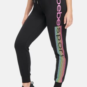 Women's Bebe Sport Logo Stripe Jogger Pant, Size Large in Black/Rainbow Cotton