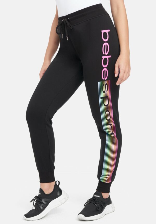 Women's Bebe Sport Logo Stripe Jogger Pant, Size Large in Black/Rainbow Cotton