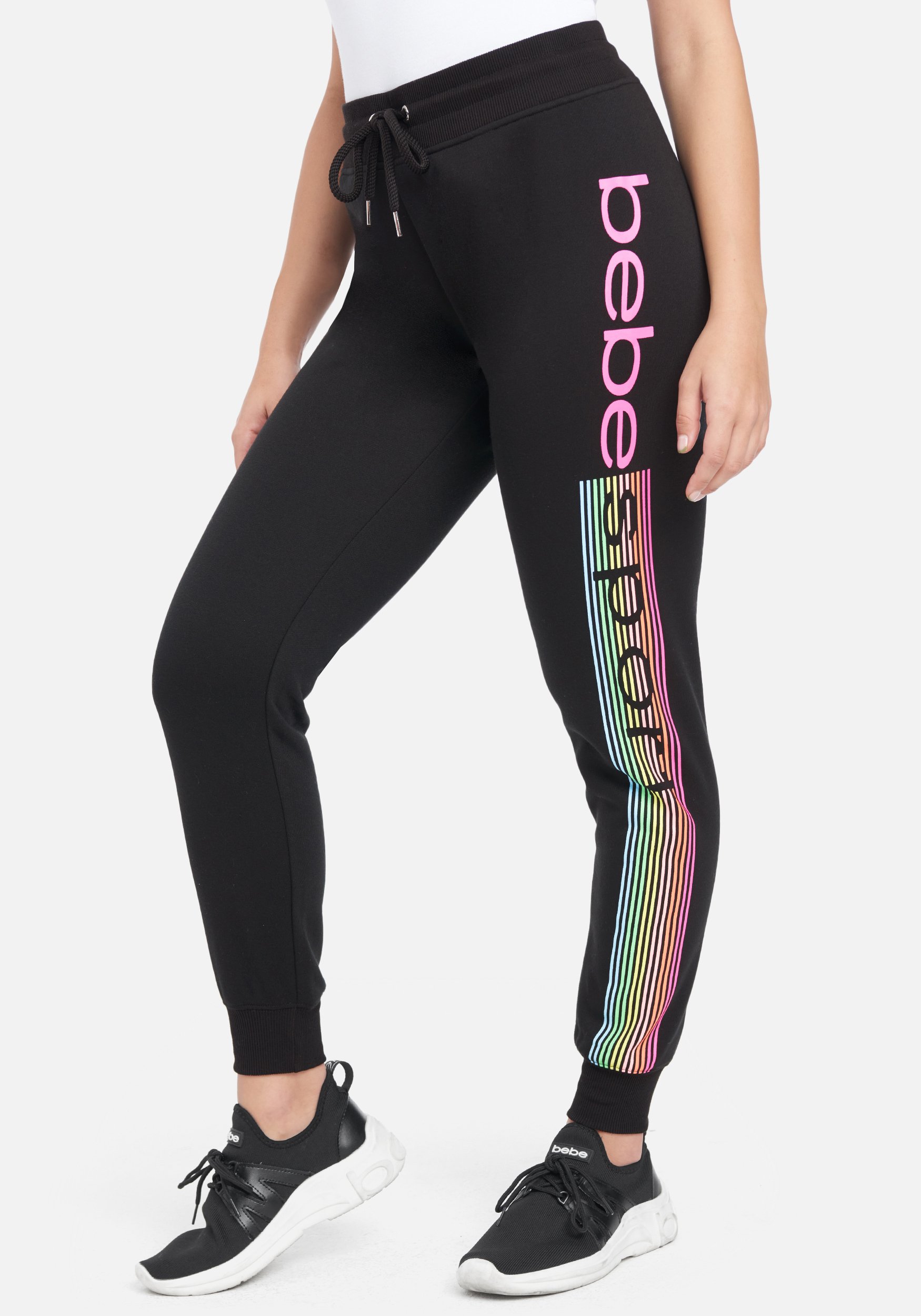 Women's Bebe Sport Logo Stripe Jogger Pant, Size XL in Black/Rainbow Cotton