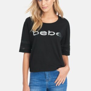 Women's Sequin Boxy Bebe Boxy Tee Shirt, Size Small in Black Cotton