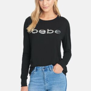 Women's Sequin Bebe Long Sleeve Tee Shirt, Size Small in Black Cotton