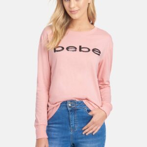 Women's Sequin Bebe Long Sleeve Tee Shirt, Size Large in Blush Cotton