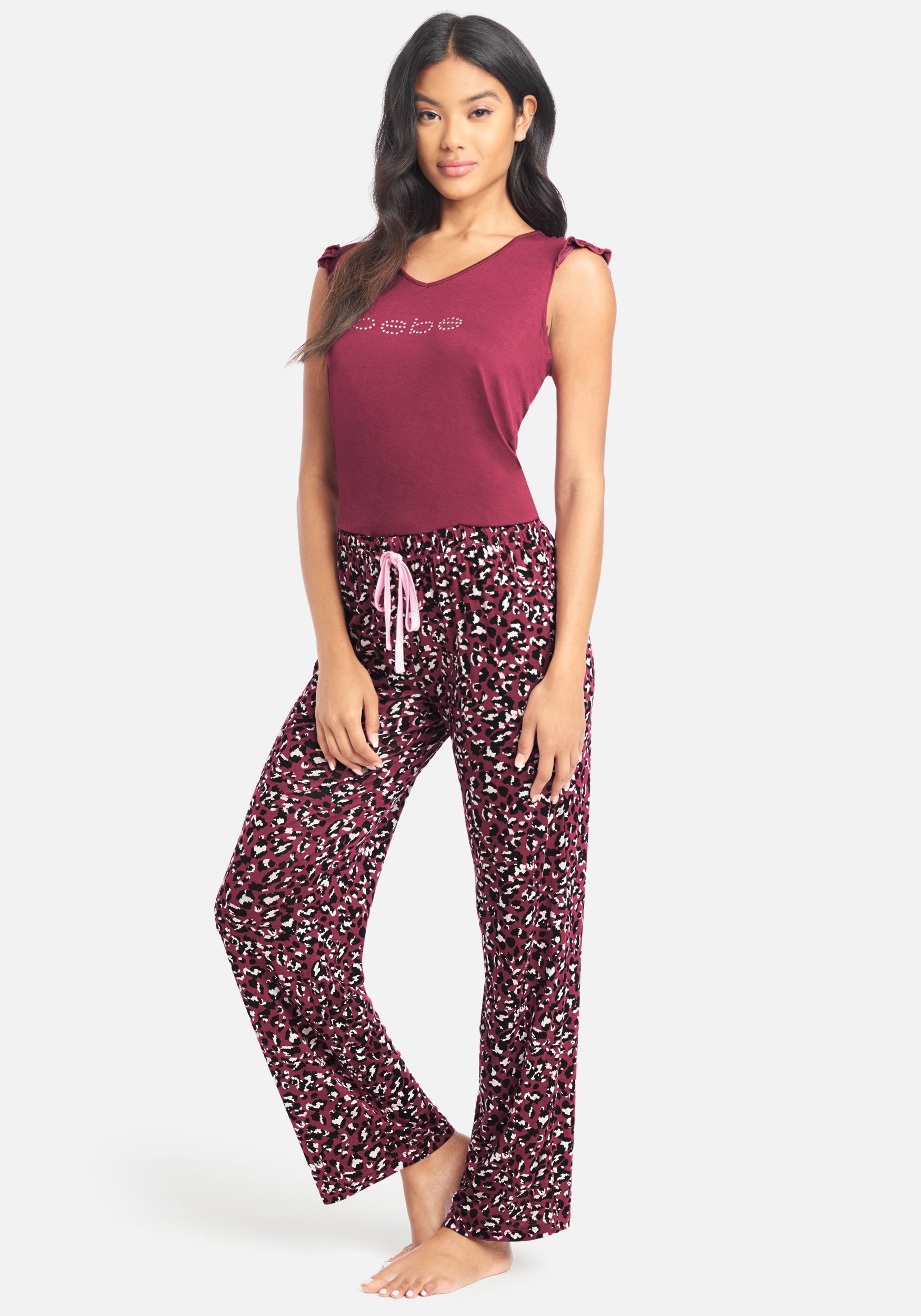 Women's Bebe Printed Pant Set, Size Small in Plum Spandex