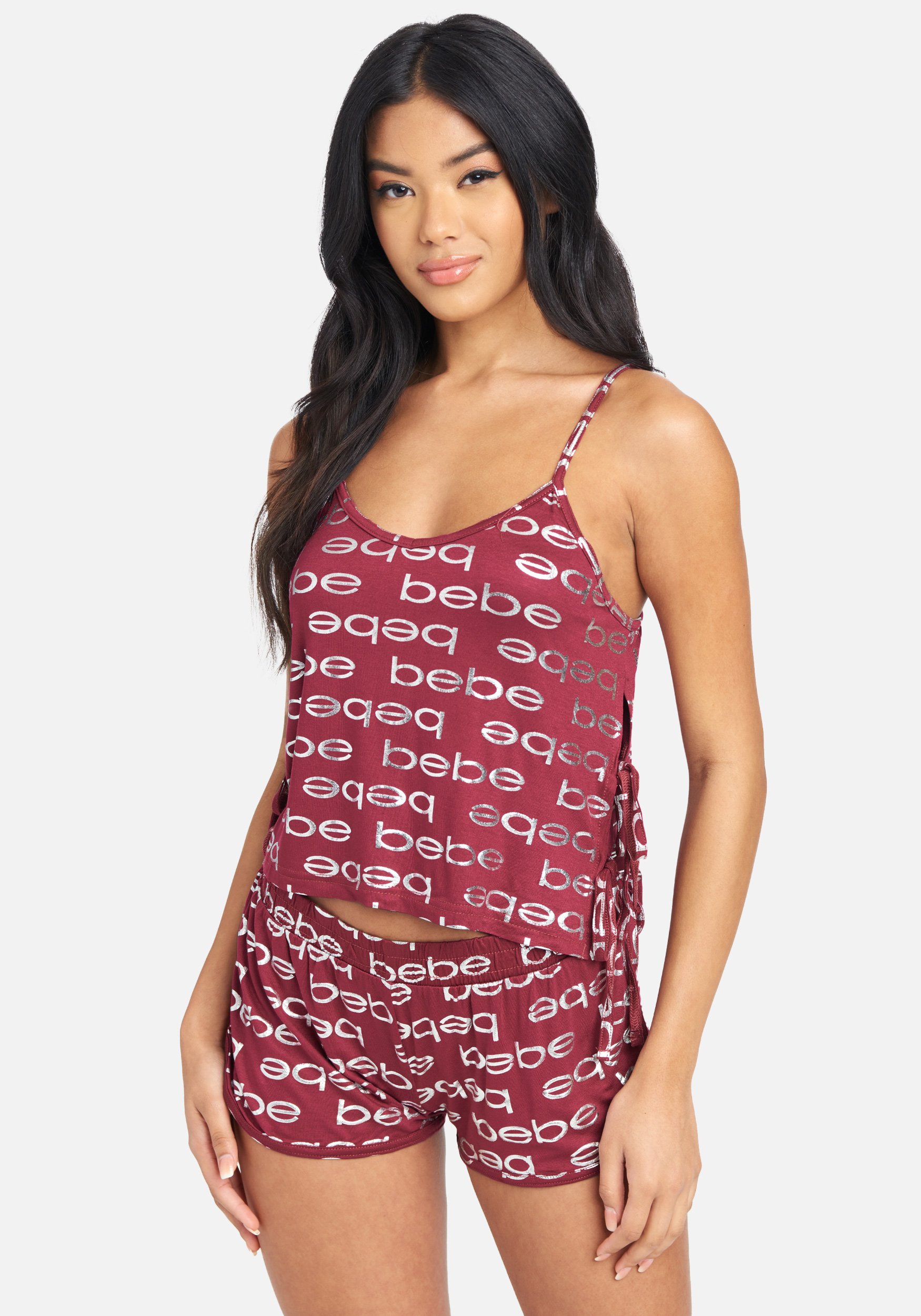 Women's Allover Printed Bebe Lace Up Short Set, Size Medium in Plum Spandex