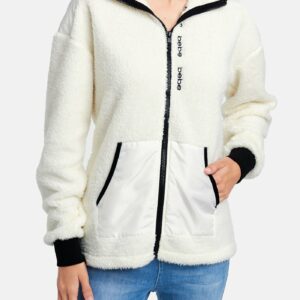 Women's Bebe Logo Sherpa Zip Hooded Jacket, Size Large in Marshmallow Polyester