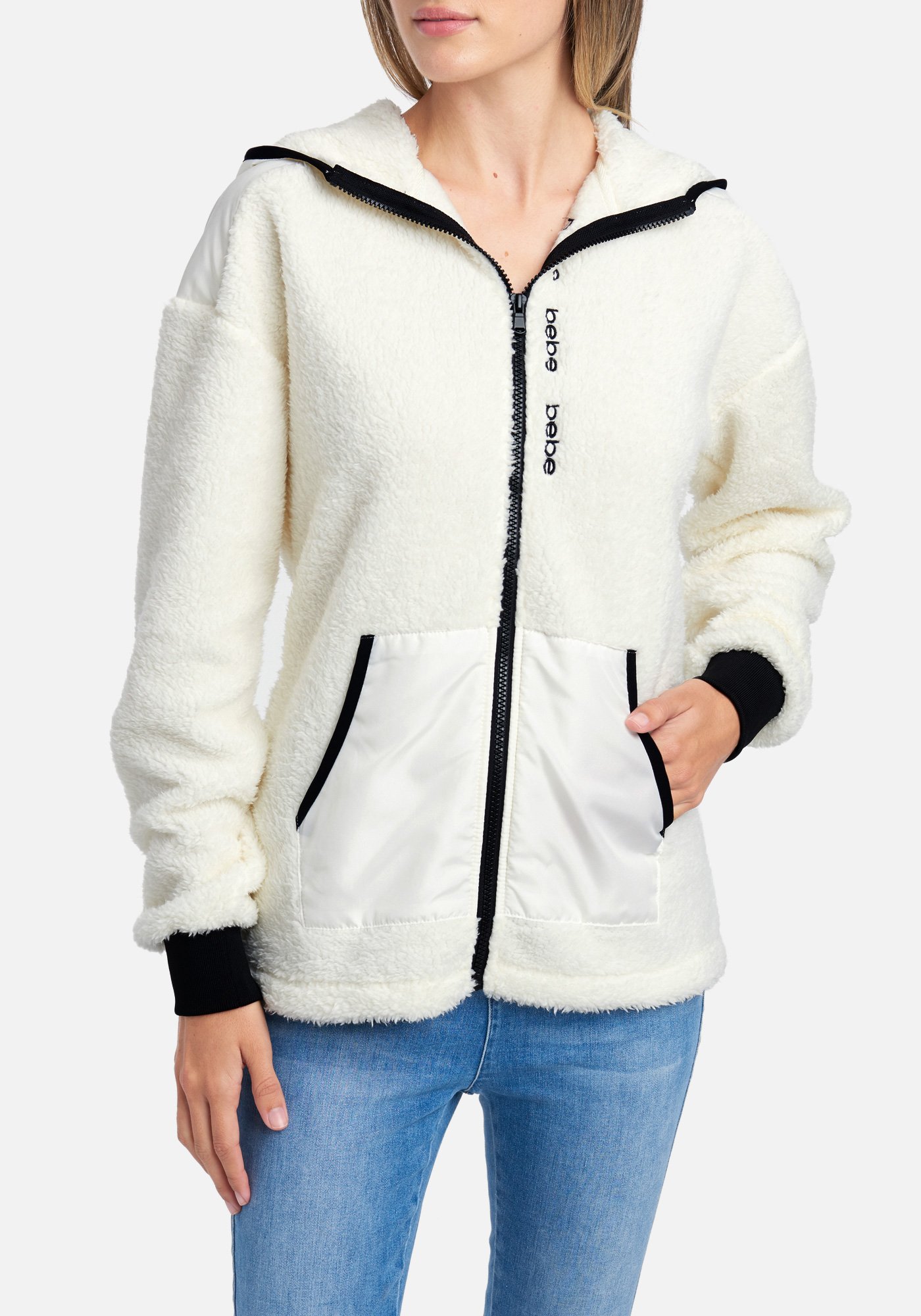 Women's Bebe Logo Sherpa Zip Hooded Jacket, Size XL in Marshmallow Polyester