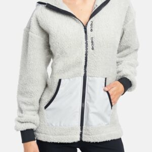 Women's Bebe Logo Sherpa Zip Hooded Jacket, Size Medium in Light Grey Polyester