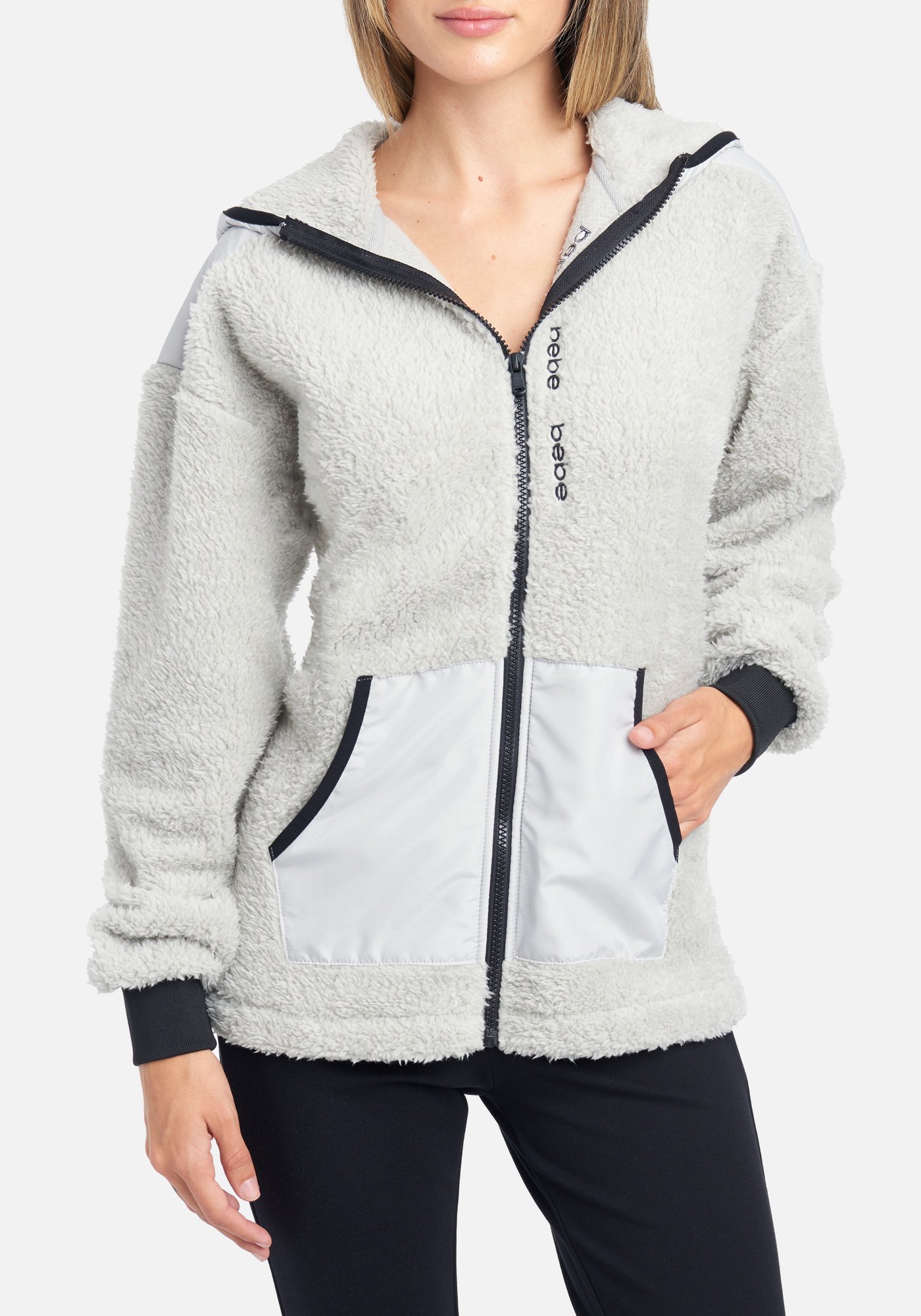 Women's Bebe Logo Sherpa Zip Hooded Jacket, Size Large in Light Grey Polyester