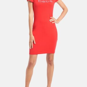 Women's Bebe Logo Rhinestone Stud Knit Dress, Size Large in Red Spandex