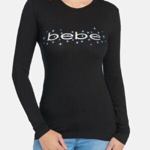 Women's Bebe Logo Star Glitter Top, Size Large in Black Spandex